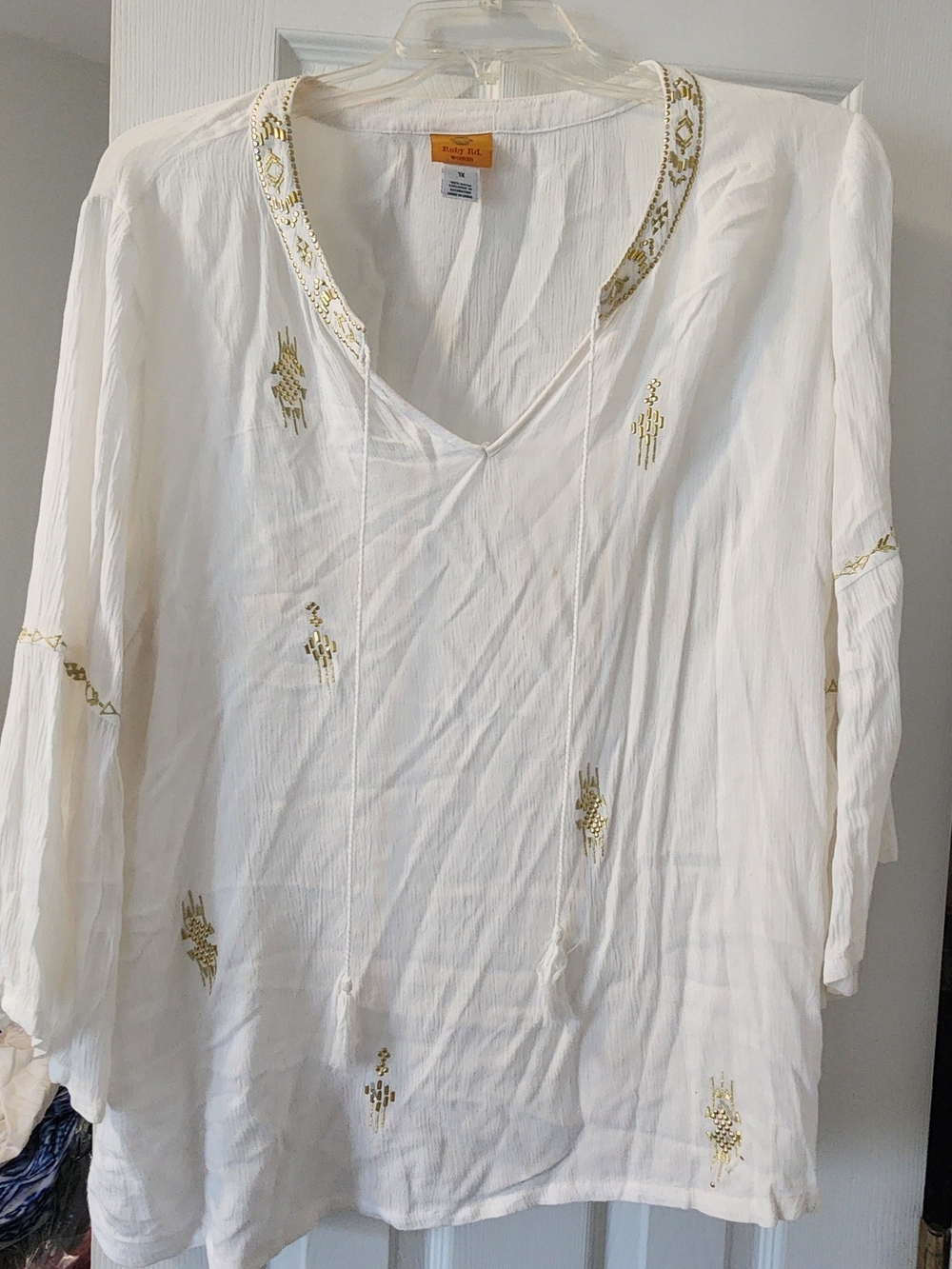 Ruby Rd embroidered V-Neck White Tunic with Gold Accent -1x